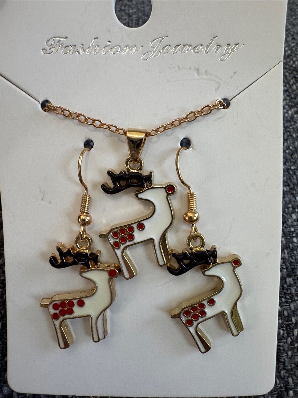Gold-Tone White & Red Reindeer Pendant Necklace and Earring Set